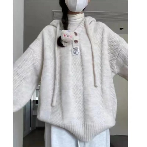 Japanese style hooded thickened sweater for women in autumn and winter loose soft waxy lazy style drawstring sweater top