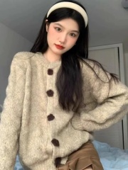 軟糯奶fufu毛衣外套女秋冬季2024新款寬鬆復古慵懶風針織開衫上衣