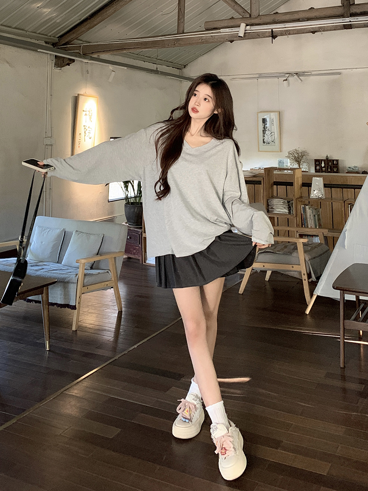 Real shot!  T-shirt women's V-neck loose oversize drop shoulder sleeve long-sleeved top