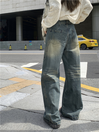 Real shot!  Retro Hot Girl Low Waist Jeans Lazy Slim Loose Straight Wide Leg Pants for Women