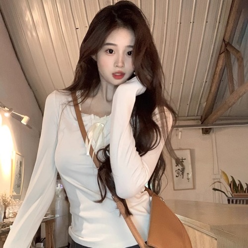 Real shot 2024 autumn new style hot girl button-up long-sleeved T-shirt women's bottoming 260g