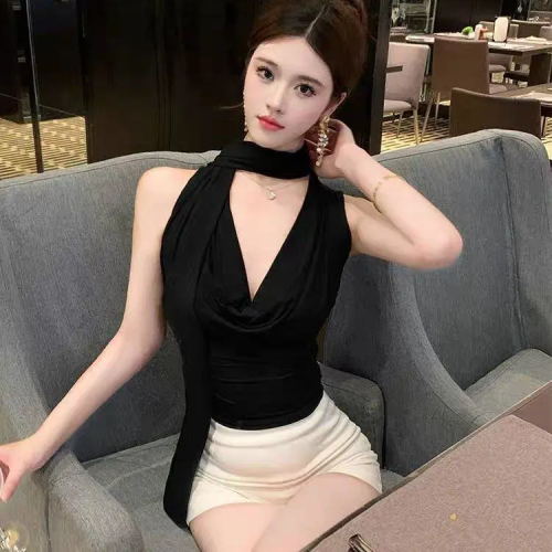 Temperament streamer sleeveless vest for women pleated waist hottie sexy swing collar top