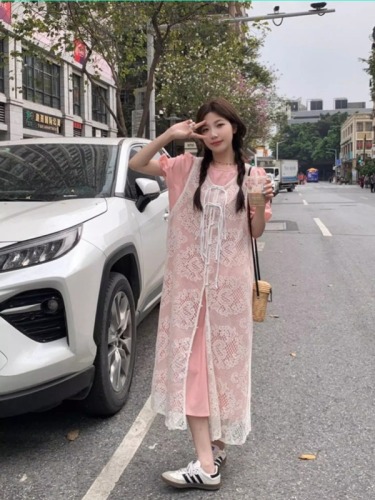 New Chinese fashion new suit plate button hollow lace long blouse pink puff sleeve dress two-piece set