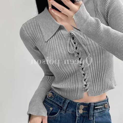 American hottie strappy lapel sweater for women autumn new slim fit short long-sleeved bottoming shirt trendy