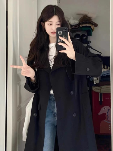 Black trench coat women's coat 2024 new autumn and winter British style small mid-length casual Korean style