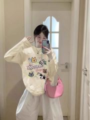 Milk silk, pure cotton, personalized printed long-sleeved T-shirt for women, white contrasting color, simple inner layer, high-end bottoming top