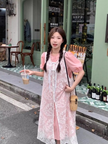 New Chinese fashion new suit plate button hollow lace long blouse pink puff sleeve dress two-piece set