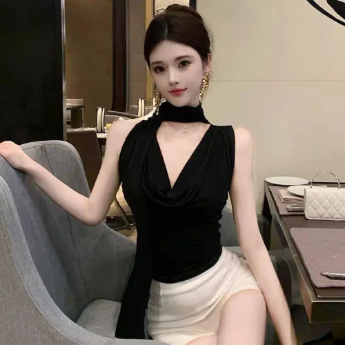 Temperament streamer sleeveless vest for women pleated waist hottie sexy swing collar top