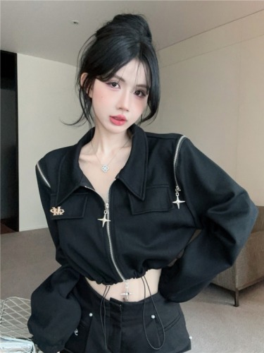 Real shot ~ hot girl fashion street unique off-shoulder five-pointed star zipper sweatshirt short coat drawstring jacket for women