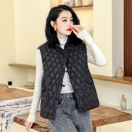 2024 Autumn and Winter New Literary Retro Disk Buckle Lightweight Down Jacket Vest for Women Small Pony