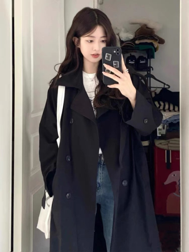 Black trench coat women's coat 2024 new autumn and winter British style small mid-length casual Korean style