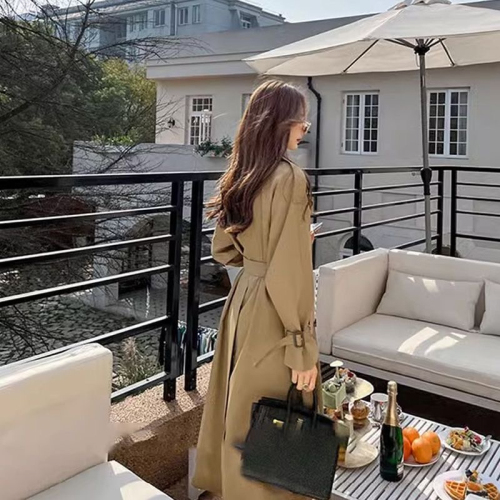 Black trench coat for women 2024 new autumn season British style mid-length over-the-knee Korean style slimming coat