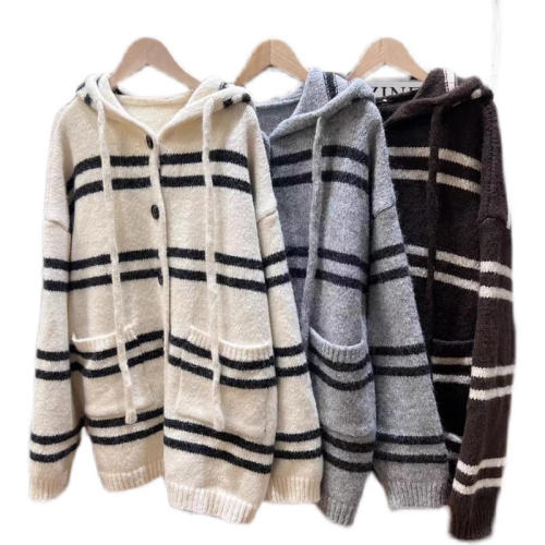 2024 Autumn and Winter Fashion New Striped Custom Button Long Sleeve Soft Hooded Cardigan Sweater Loose Slim Women