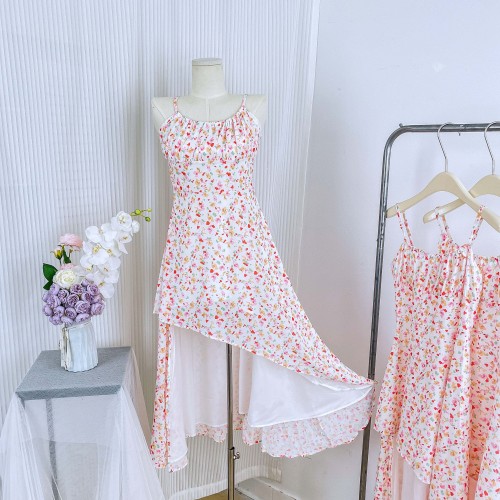 LaluneDuCielLLDC three-dimensional floral floral dress summer new diagonal hem waist long skirt