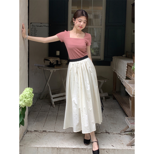 Real shot of summer Korean style high-waisted skirt for women with elastic waist, mid-length, versatile and slimming skirt for women