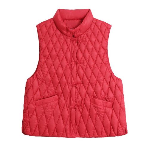 2024 Autumn and Winter New Literary Retro Disk Buckle Lightweight Down Jacket Vest for Women Small Pony