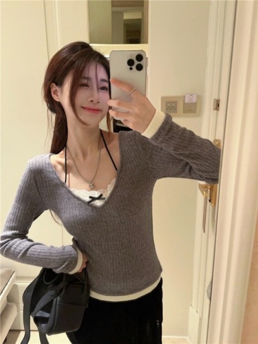 Actual shot ~ early autumn new fake two-piece lace splicing knitted T-shirt French style inner slim fit bottoming top