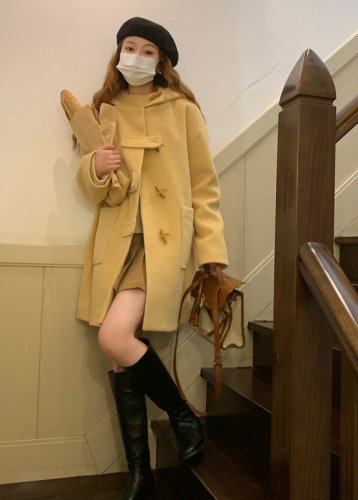 Horn button woolen coat for women 2024 autumn and winter woolen coat new style British style Korean style popular this year thickening