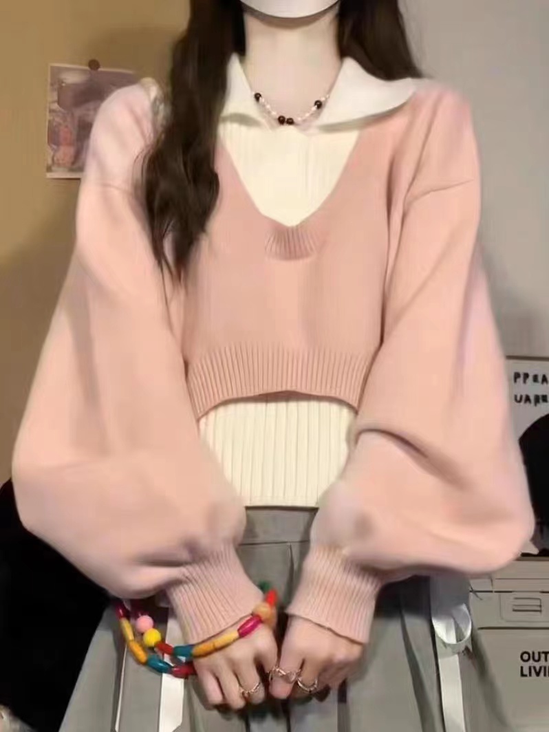 Korean Style Loose and Lazy Pink Polo Neck Sweater Women's Spring and Autumn College Style Knitwear Two-Piece Short Top 