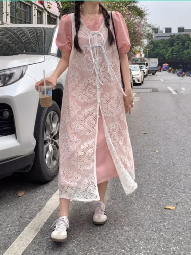 New Chinese fashion new suit plate button hollow lace long blouse pink puff sleeve dress two-piece set