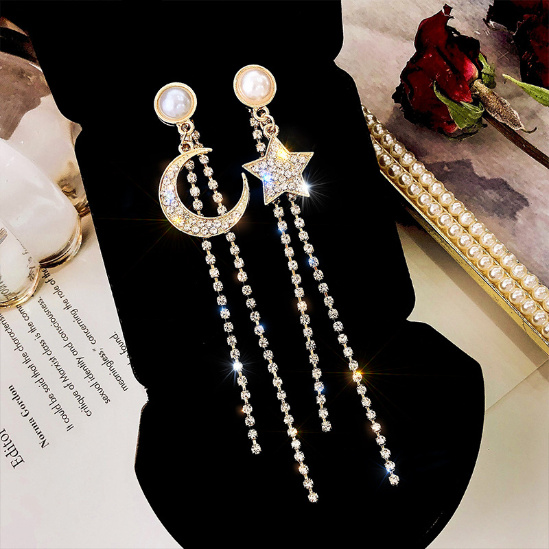Asymmetric star and moon earrings long earrings for women Korean temperament personality internet celebrity fashion star and moon earrings earrings