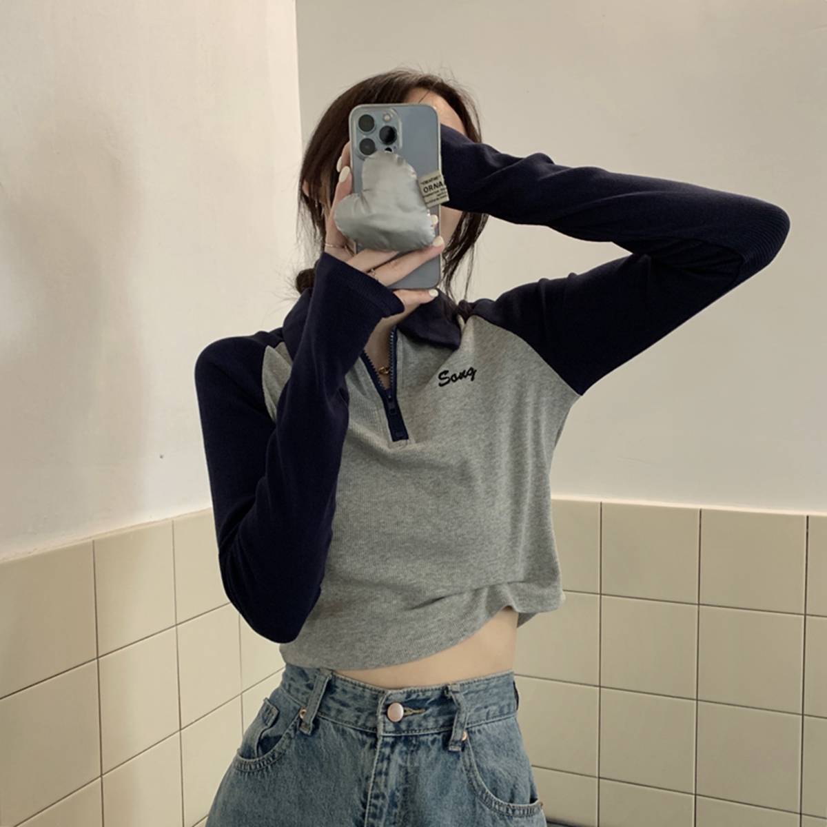 Actual shot of early autumn Korean style slim raglan contrasting color polo collar inner bottoming long-sleeved women's top T-shirt