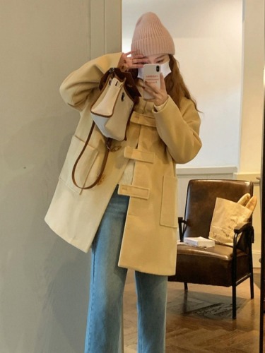 Horn button woolen coat for women 2024 autumn and winter woolen coat new style British style Korean style popular this year thickening