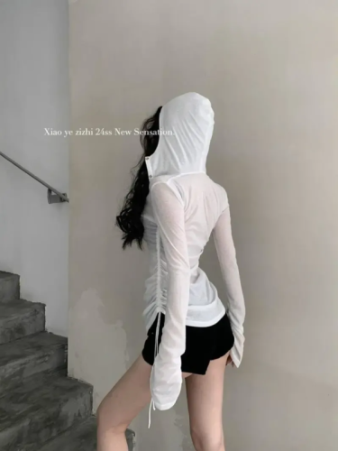 Original fabric Thin pleated drawstring hooded long-sleeved T-shirt women's sun protection top