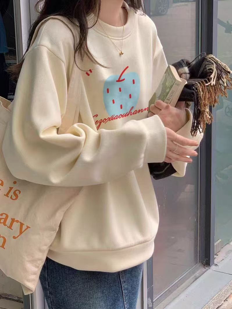 Thin Cotton Milk Silk Plus Fleece Cotton Silver Fox Fleece Round Neck Print Sweatshirt for Women Couple Quality