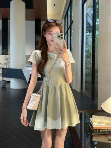 Mint Mambo fishbone short-sleeved dress for women summer new age-reducing waist slimming puffy A-line skirt