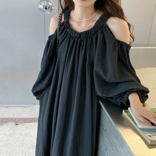 Extra large size 300 pounds Korean chic lazy style round neck leaky shoulders fat mm loose pleated lantern sleeve dress 240