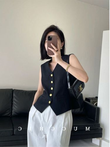 MUCCHIC/French retro gold buckle/black acetate texture sleeveless inner and outer suit vest top