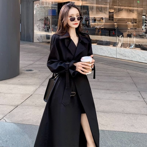 Black trench coat for women 2024 new autumn season British style mid-length over-the-knee Korean style slimming coat