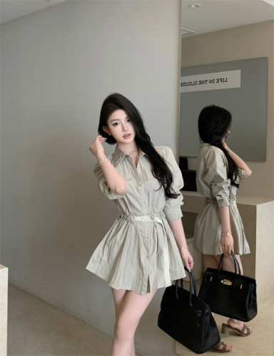 Real shot of retro waisted lace-up shirt dress, early autumn, mature style, A-line short skirt for women