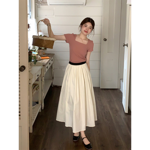 Real shot of summer Korean style casual skirt women's 2024 new high-waist slimming temperament long skirt