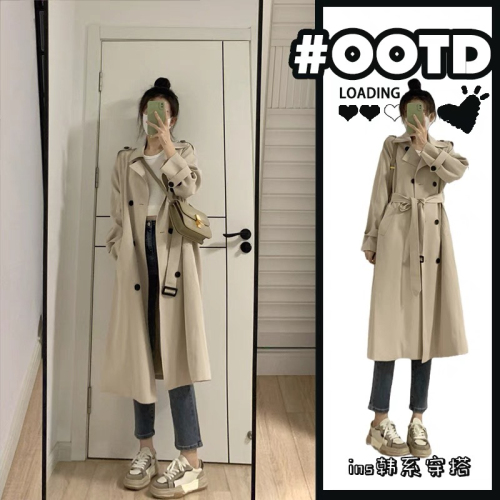 Mid-length windbreaker for women 2024 new autumn and winter Korean style loose and drapey casual and versatile double-breasted jacket