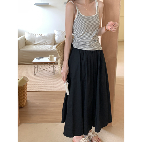 Real shot of summer Korean style high-waisted skirt for women with elastic waist, mid-length, versatile and slimming skirt for women