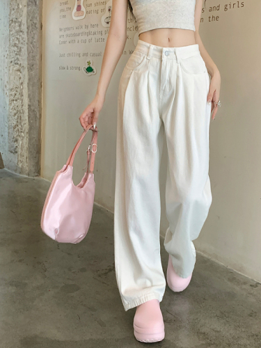 Real shot of pleated design retro solid color wide leg jeans