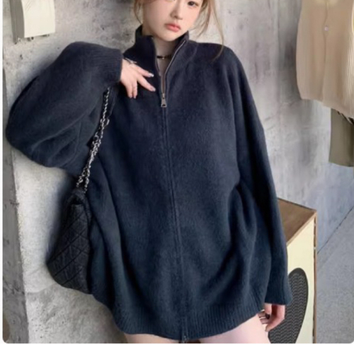 Designed double zipper high stand collar black sweater women's autumn and winter outer wear loose lazy style knitted cardigan jacket