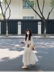 實拍#日月光小白裙~超重工刺繡法式系帶長裙女寬鬆長袖連衣裙