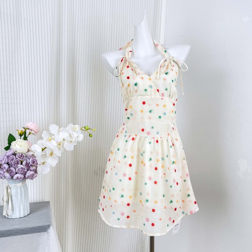 Acaine mid-length v-neck polka-dot halter strap a-line dress women's summer French waist umbrella skirt