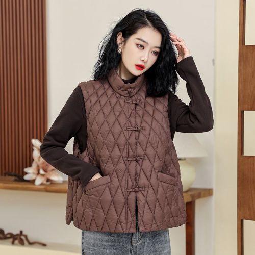 2024 Autumn and Winter New Literary Retro Disk Buckle Lightweight Down Jacket Vest for Women Small Pony