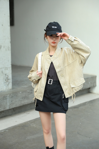 Real shot of pu leather jacket for women 2024 new design retro Hong Kong style jacket small man short top