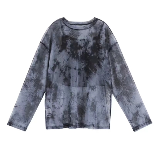 Thin tie-dye mesh ice silk sunscreen blouse for women in summer loose suspender tops with air-conditioning shirts long-sleeved T-shirt tops