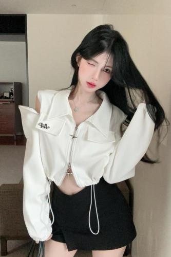 Real shot ~ hot girl fashion street unique off-shoulder five-pointed star zipper sweatshirt short coat drawstring jacket for women