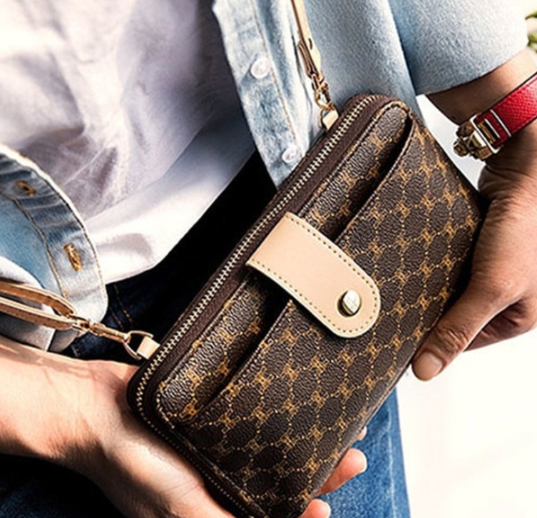Japanese and Korean fashionable and simple one-shoulder diagonal genuine leather women's mobile phone bag large-capacity cowhide zipper mobile phone wallet