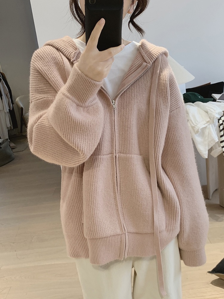 粉色寬鬆連帽拉鏈毛衣女款秋冬季溫柔軟糯慵懶風針織開衫上衣外套