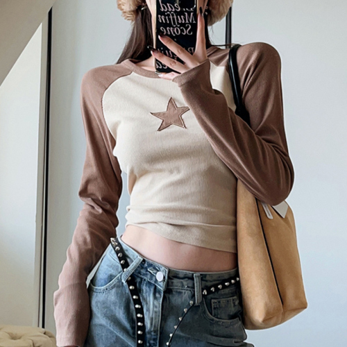 American retro star contrast stitching raglan long-sleeved T-shirt for women, versatile slim fit top, round neck slim fit