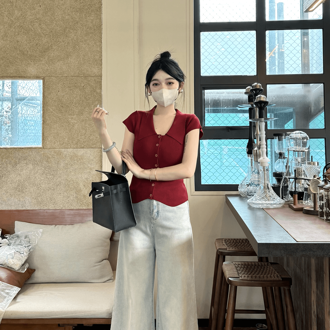 London leisure single-row short-sleeved design lapel vest for women, fashionable and chic small shirt for women