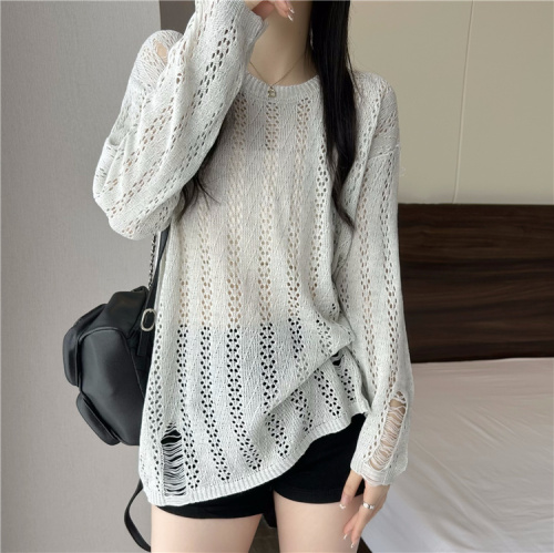 Actual shot~early autumn new style hollow loose round neck knitted long-sleeved top